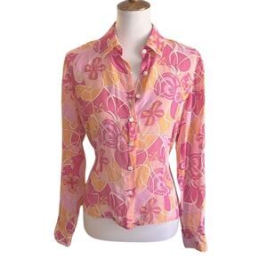 Vintage Silk Blouse – Bold Retro Print, Long Sleeve, Size 12 (Fits M)